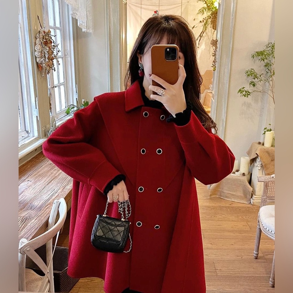 100% Sheep Wool Red Cape-Style Coat – Elegant Winter A-Line Fit